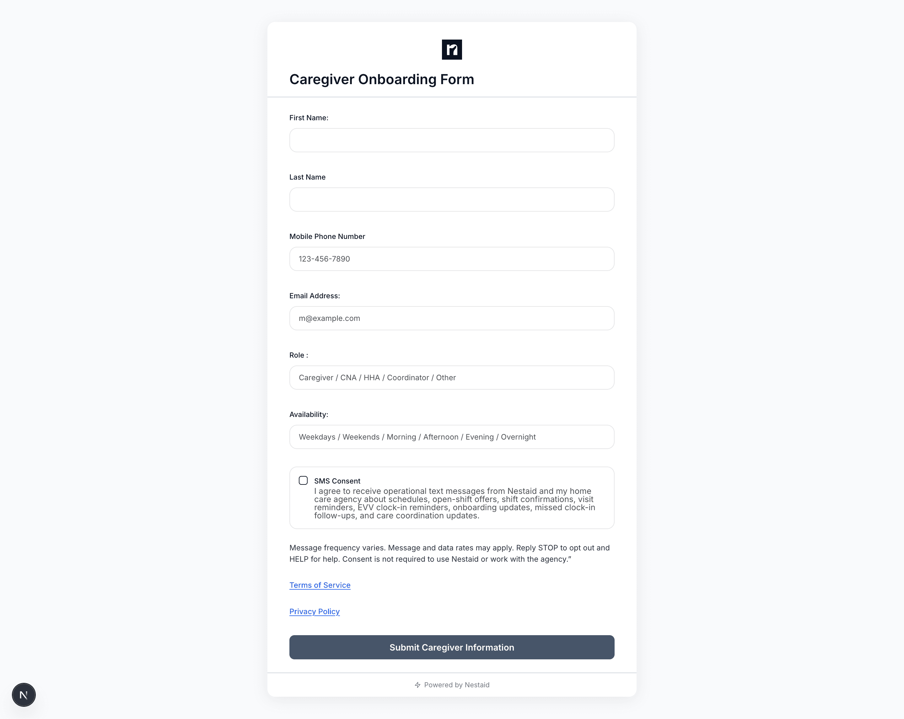 Nestaid Caregiver Onboarding Form showing the mobile phone number field and a separate, unchecked SMS consent checkbox with consent language, opt-out instructions, and links to the Terms of Service and Privacy Policy