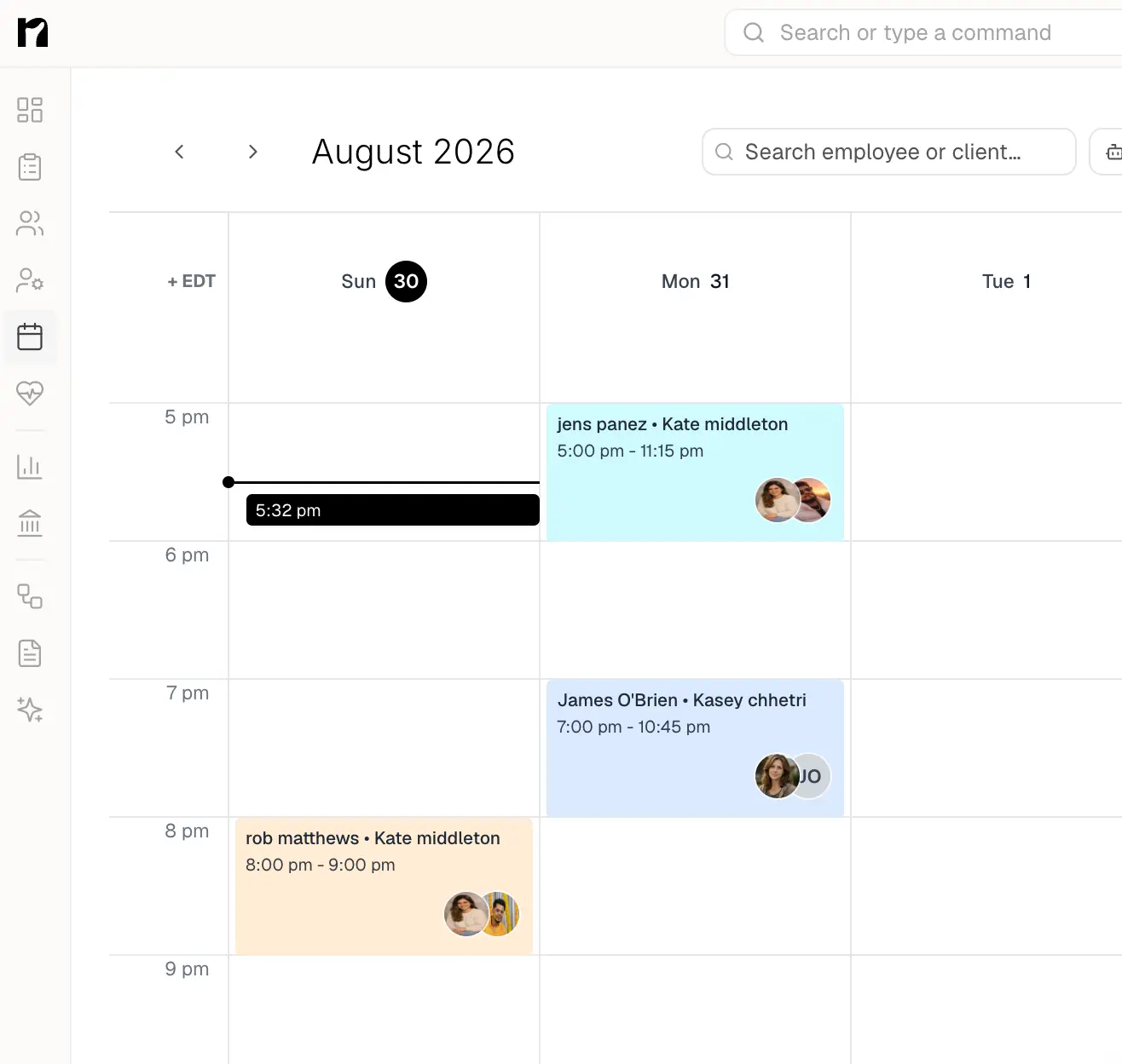 The Nestaid scheduling calendar, a week of visits with each caregiver and client named on the shift.