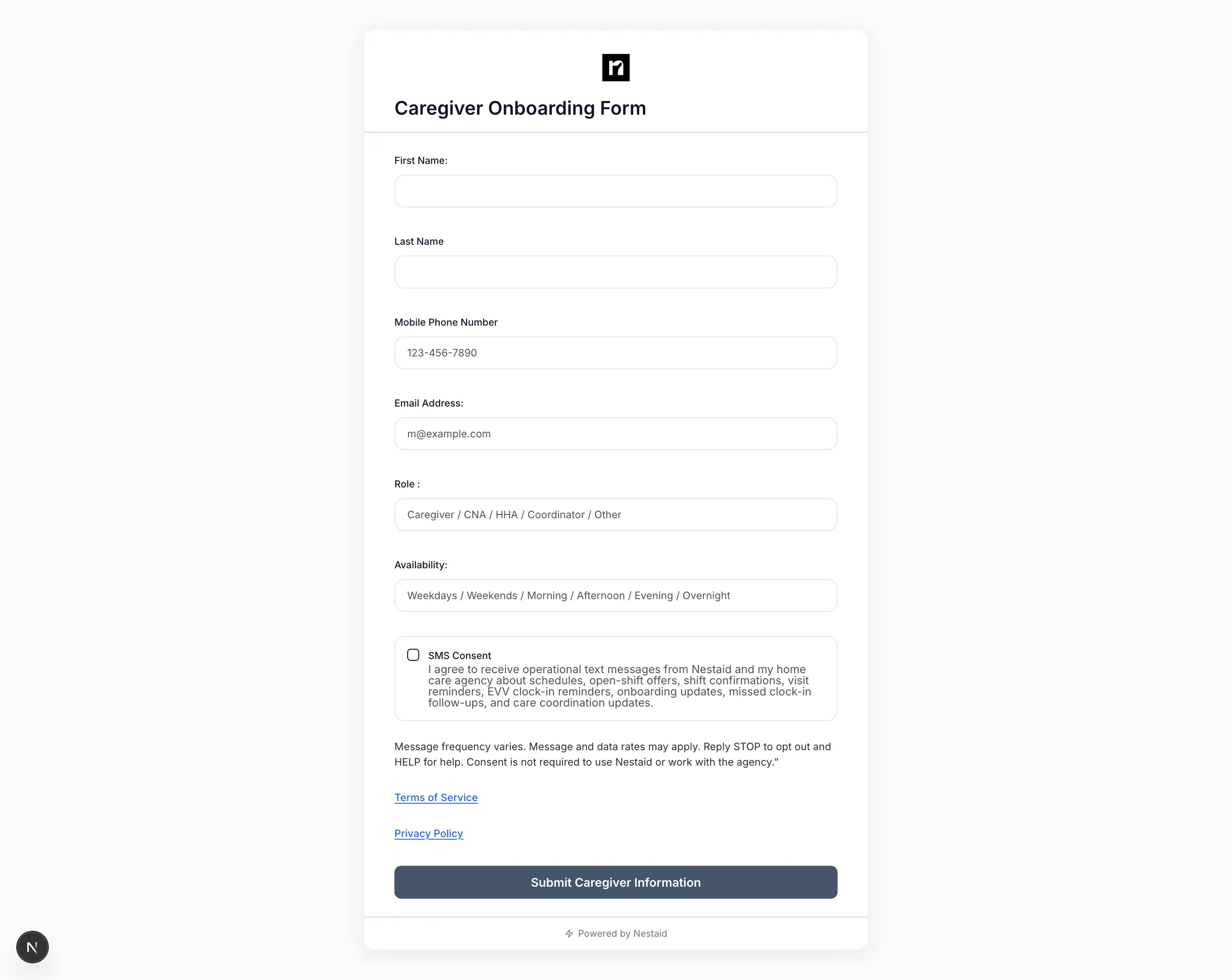 Nestaid Caregiver Onboarding Form showing the mobile phone number field and a separate, unchecked SMS consent checkbox with consent language, opt-out instructions, and links to the Terms of Service and Privacy Policy
